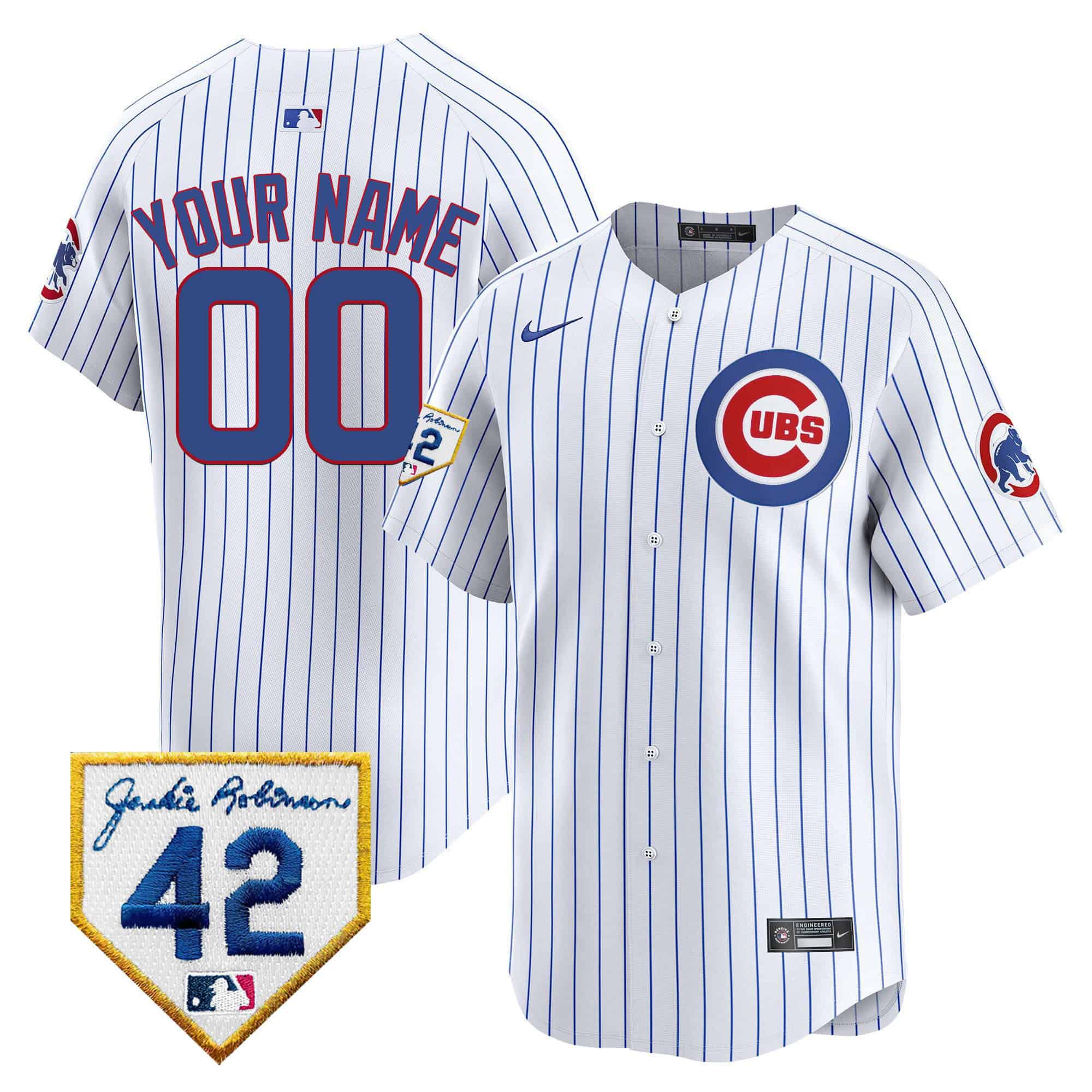 Men Chicago Cubs White Stripe Nike 2024 Jackie Robinson Patch Vapor Premier Limited Custom MLB Jersey